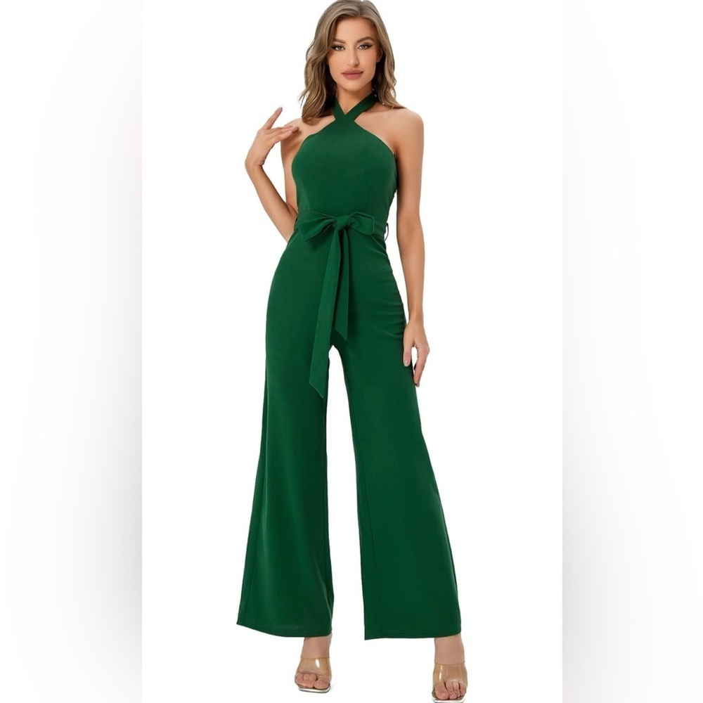 WDIRARA Women's Sleeveless Tied Backless High Waist Belted Wide Leg Jumpsuit